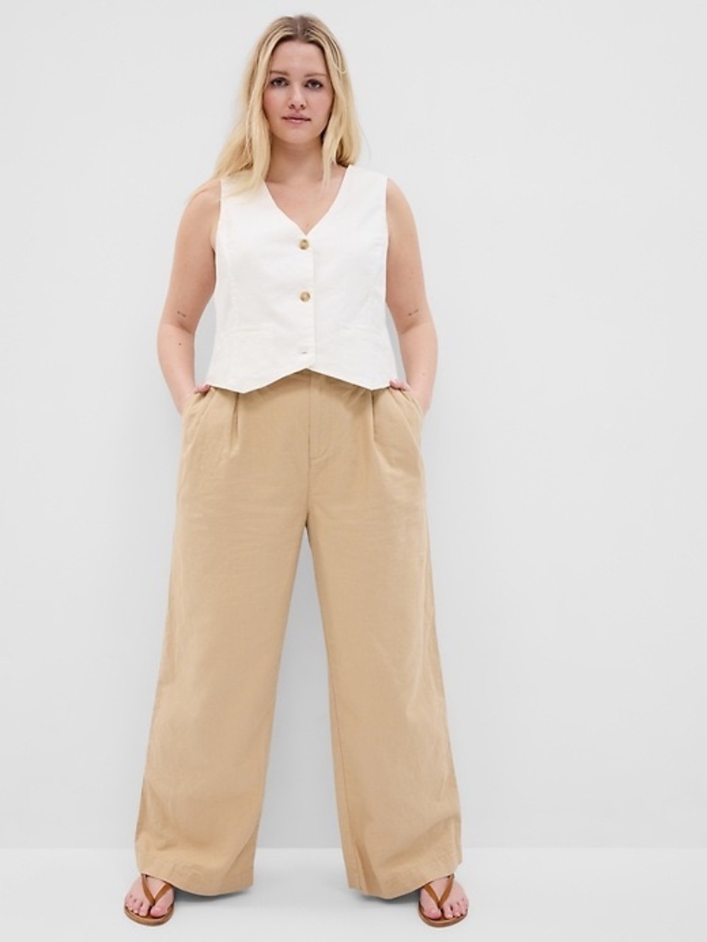 Gap Pleated Linen Pants Women 10 Cashew Crunch Tan Wide Leg High Rise Trouser